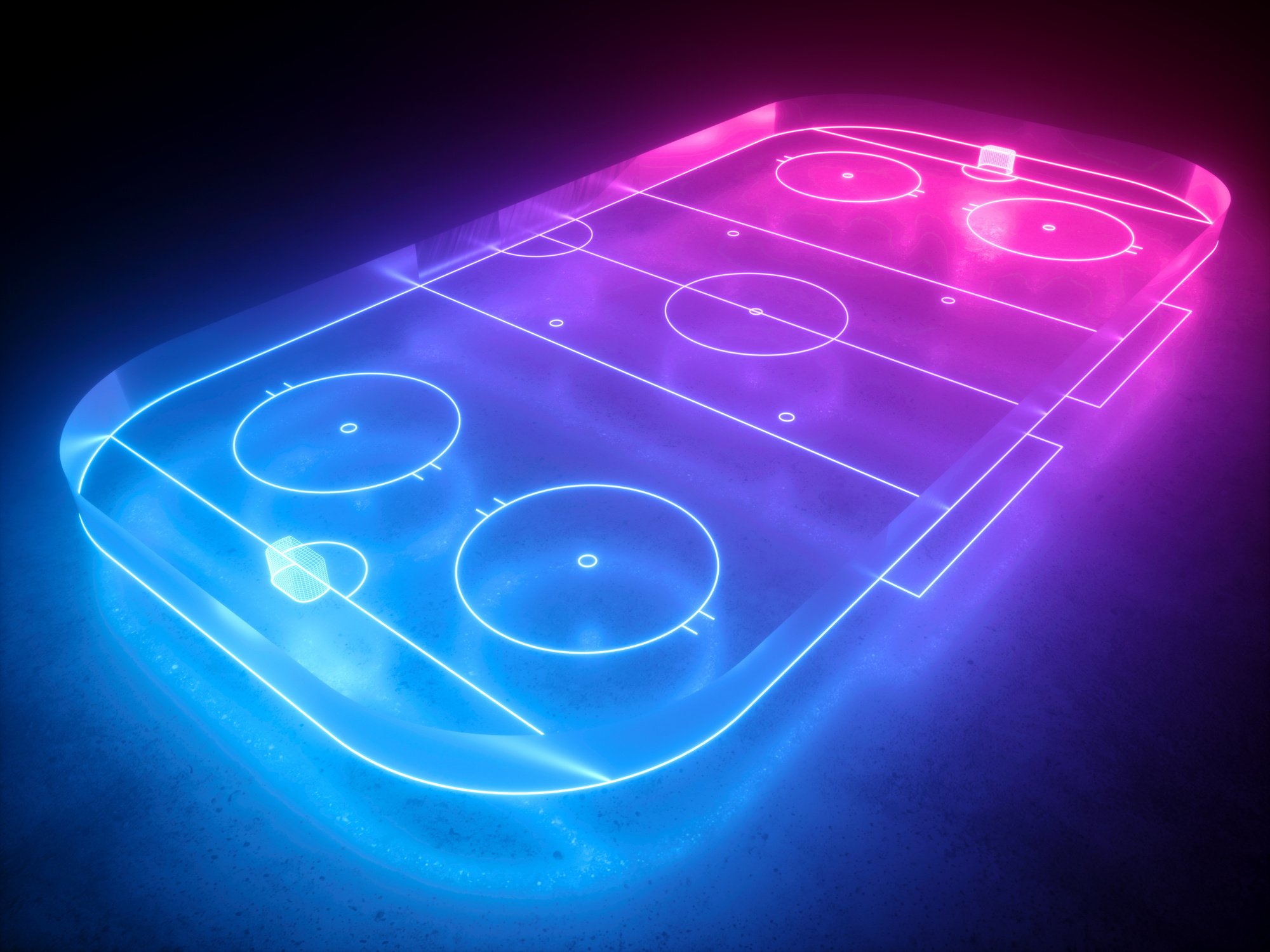 3D Virtual Neon Hockey Rink Glowing Black Background